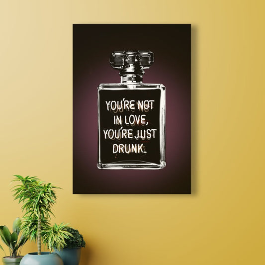 Schilderij Parfum Neon No3 in een interieur, neon parfumfles met de tekst 'You're Drunk'