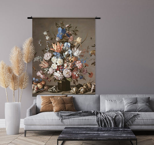 Wandkleed Stil leven Fruit met Bloemen aan een lila muur